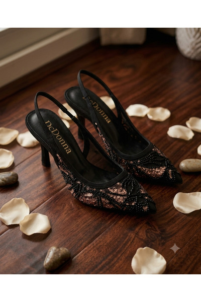 DC DONNA Black Stone and Bead Detailed Slingback Evening Dress Shoes