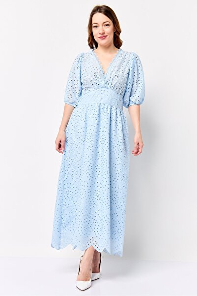 London Fog Women Eyelet Midi Dress, Light Blue