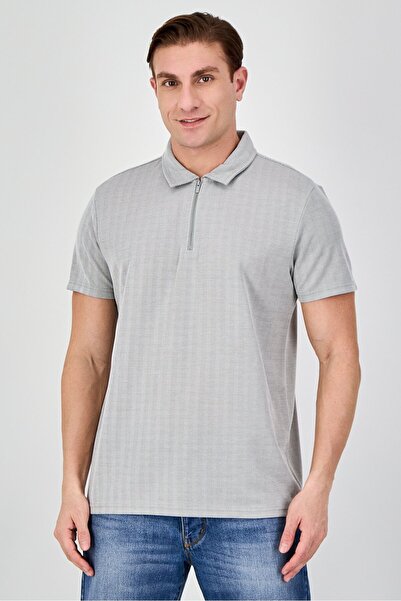 Bruno Milano Men Regular Fit Herringbone Short Sleeve Polo Shirt, Light Grey