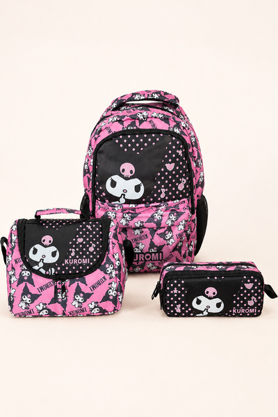 kuromi Licensed 3-Piece School Bag Set Backpack Lunch Bag Pen Holder Girls' S...