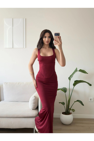 Zoom Butik Bel Korse Kare Yaka Elbise - BORDO