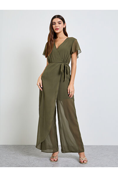 Take Two By Styli Green Wrap Front Wide Leg Jumpsuit