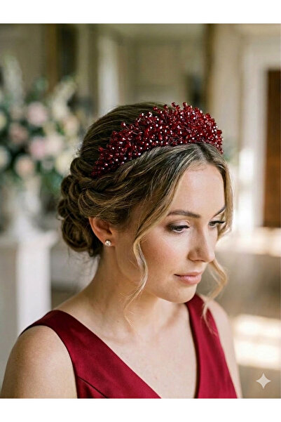 SUE ATELIER CO Lüks Boncuk İşlemeli Taç – Kına, Nişan ve Düğün Aksesuarı