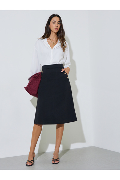 Styli Black A-Line Midi Skirt With Button Detail
