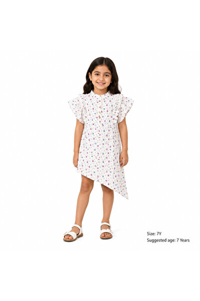 Generic Girls Floral Print Ruffle Sleeve Asymmetrical Hem Dress Age 7Y