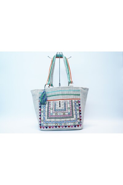 MILANO COLLECTION Geantă de plajă crem, brodată manual, stil boho Vama Veche