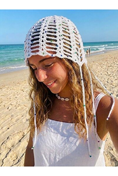 MOJOMIX قبعة شعر صيفية ملونة منسوجة يدويًا باللون الأبيض مع ترتر ملون وشبك مرن