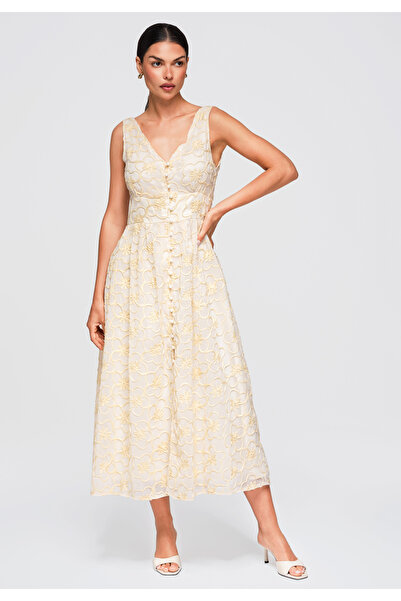 OMBRE Women's Midi Dress, Flared Design, V-Neck, Wide Straps, OW-DLR-E0015