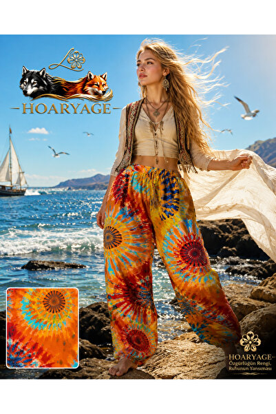 hoaryage Elastic Waist Spring Air Patterned 100% Cotton Viscose Summer Trouse...