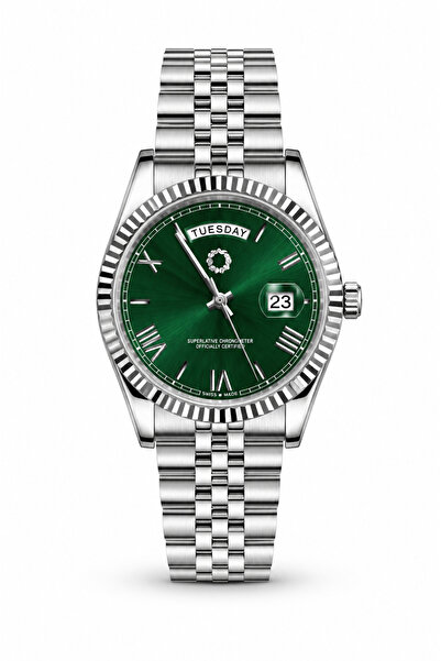 CüzCan Weekly Silver 42mm Green Dial Steel Band Unisex Quartz Watch with Day-...