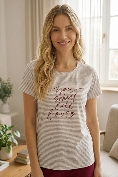 Bravie Striped Slogan Printed Short Sleeve Six Long Women's Pajama Set Claret...