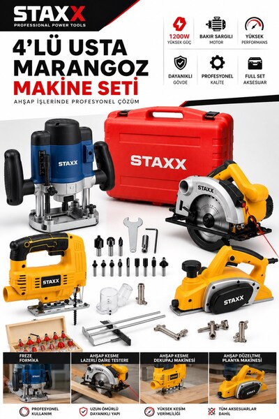 STAXX POWER 4'lü Ahşap İşleme Marangöz Makine Seti | Freze + Daire Testere + ...