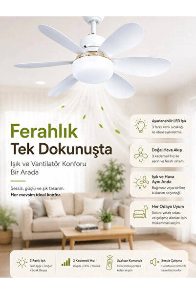 mucit home Kanatlı Tavan Vantilatörü Sessiz Çalışan Led Işıklı Uzaktan Kumand...