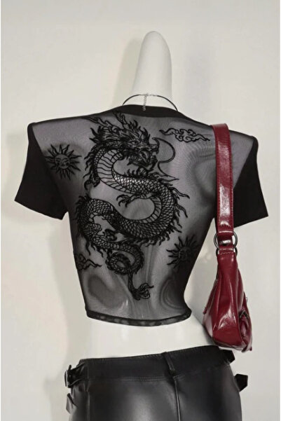 BALİNA Siyah Transparan Dragon Y2K Kısa Kollu Crop