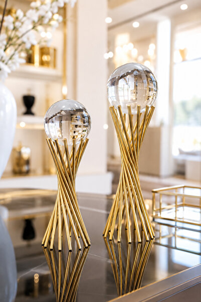 Vien Home Gold Metal Gövdeli Cam Küre Dekoratif Obje Seti – 2'li Lüks Salon v...