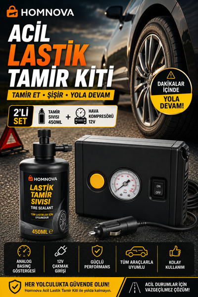 Homnova Acil Lastik Tamir Kiti 450 ml Lastik Tamir Sıvısı + 12V Hava Kompresö...