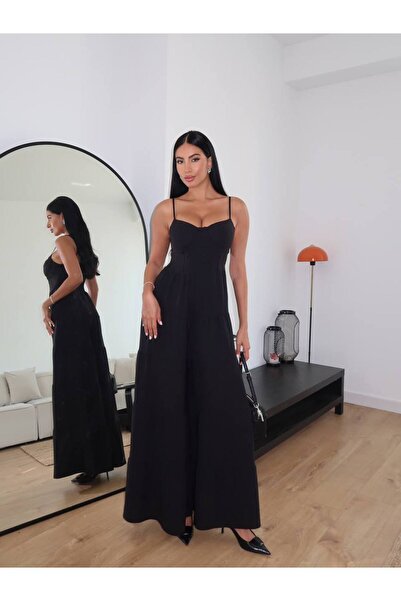 FLOWERİNG Women's Black Waist-Corsage Stitched Detail Loose-Fitting Wide-Leg ...