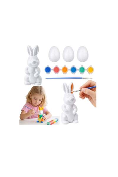 LEAN Set de pictură pentru copii, 3 ouă din polistiren, figurină iepure, 6 cu...