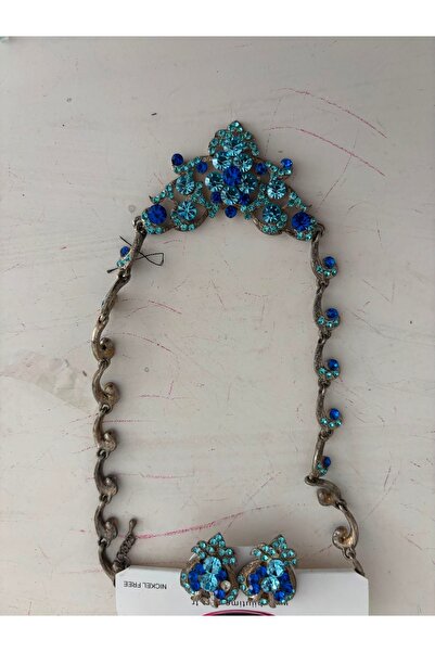 ELUNE İSTANBUL Milano Vintage Mavi Kristal Taşlı Kadın Kolye Küpe Seti