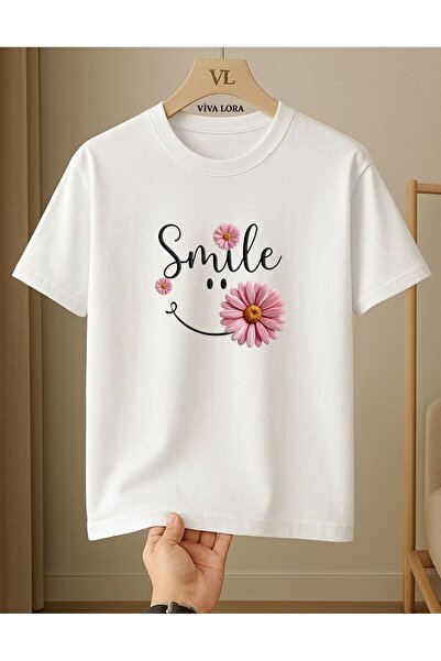 VİVA LORA Smile Daisy Printed 100% Cotton Crew Neck Regular Women's White T-S...