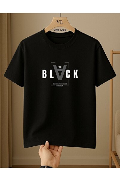 VİVA LORA Black Printed 100% Cotton Crew Neck Regular Unisex Black T-Shirt