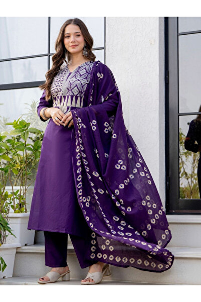 MYSMAR Purple Cotton Embroidered Kurta Set - AMZ1008 | Purple-Size:L-40-Inches