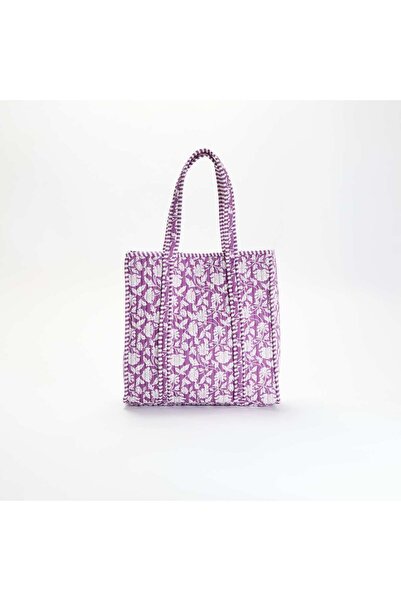 KIABI Quilted Shopper Bag with Indian-Inspired Print PURPLE