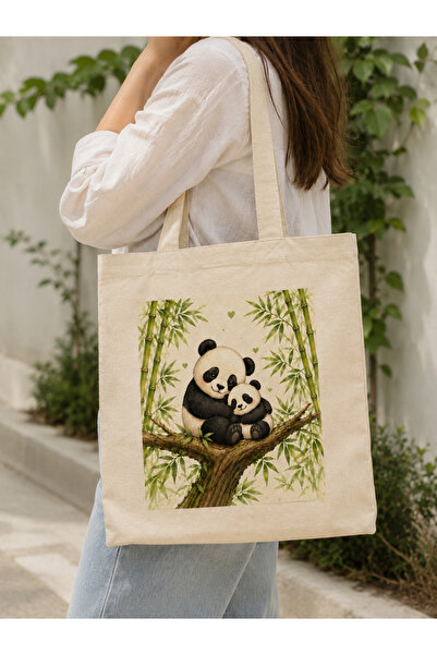 Tomris Hatun Panda Themed Printed Raw Cloth Bag, Shoulder Bag, Shopping Cloth...