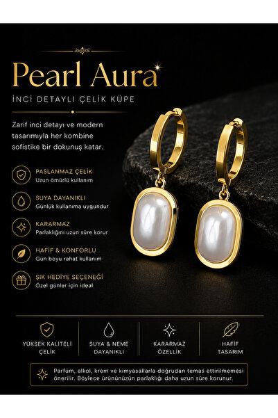 Majestia Pearl Aura Gold Renk Çelik İnci Detaylı Sallantılı Halka Küpe | Suya...