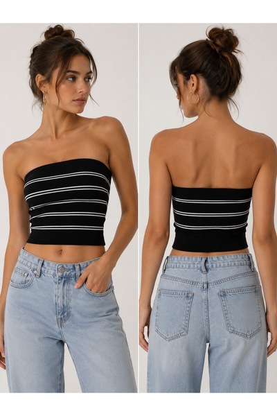 Çizgili Straplez Triko Crop Top – Siyah | Esnek ve Modern Tasarım