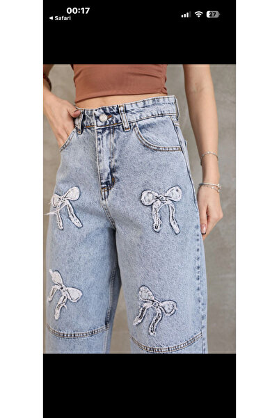 Kurdele Fiyonk Nakışlı Kot Pantolon