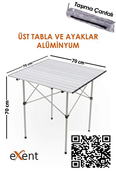 Exent 🏕️ Katlanır Alüminyum Kamp Masası – İnce, Hafif, Dayanıklı ve Kolay Taşınabilir-70x70 cm-GRİ