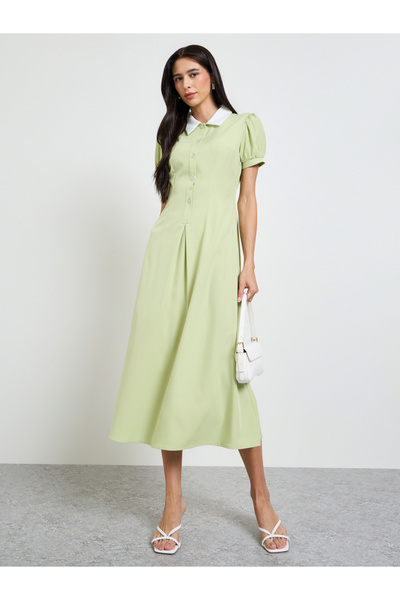 Styli Green A-Line Midi Dress With Puff Sleeves