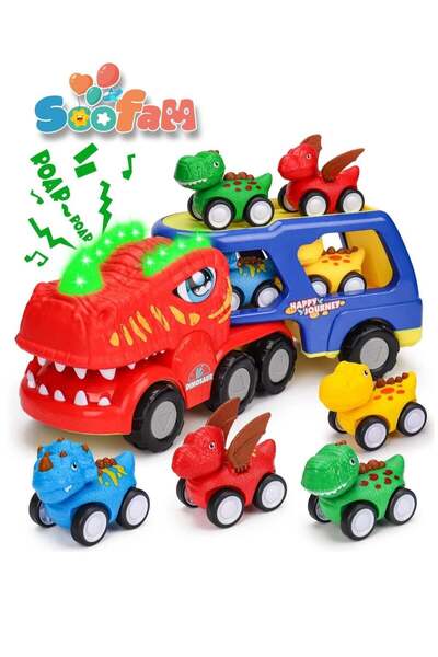 Soofam 5 PCS Dinosaur Truck,1 Large Dinosaur Transport Truck And 4 Mini Dinos...