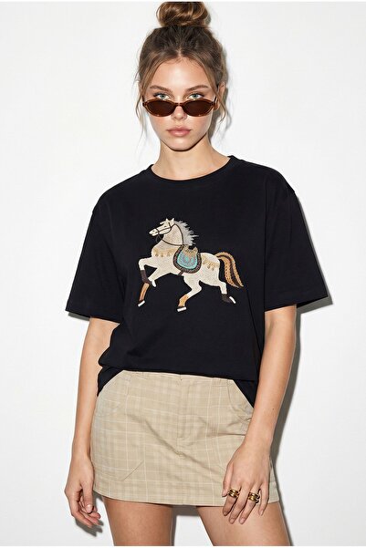 Hiccup LUCCI Tricou oversize cu guler rotund și broderie cu paiete