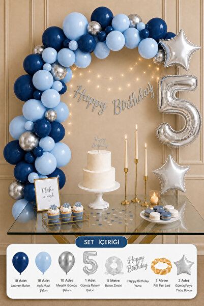 Baloncu Nene 5 Year Old Birthday Balloon Set with Navy Blue Light Blue Metall...