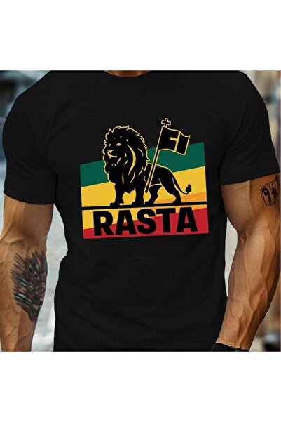 KYMC07 RASTA Lion Illustration Men's Casual Grew Neck Short Sleeve T-Shirt fo...
