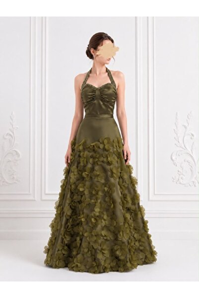 ranin Olive Evening Dress Embroidered Gebon Lace Kluş