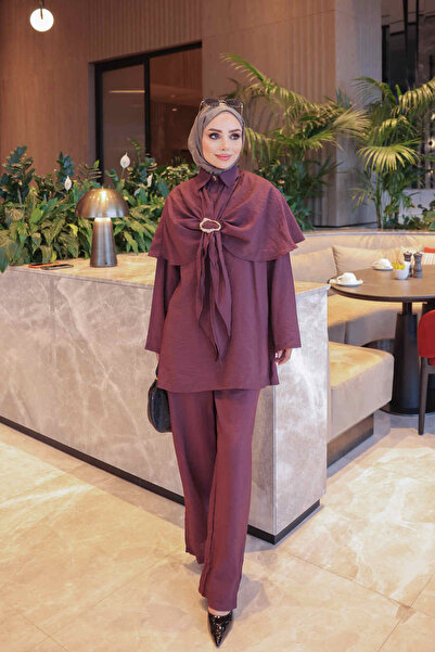 İmajButik Mürdüm Pelerin Tokalı Üçlü Pantolonlu Takım