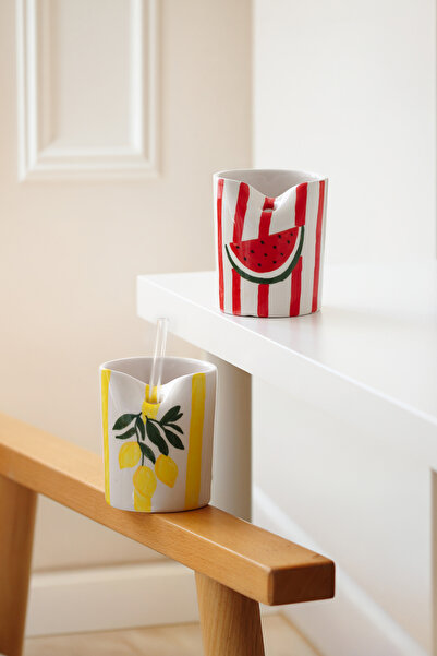 SİNEM YAMAN HOME Lemon and Watermelon Set of 2 Ceramic 300 ml Mug (Without St...