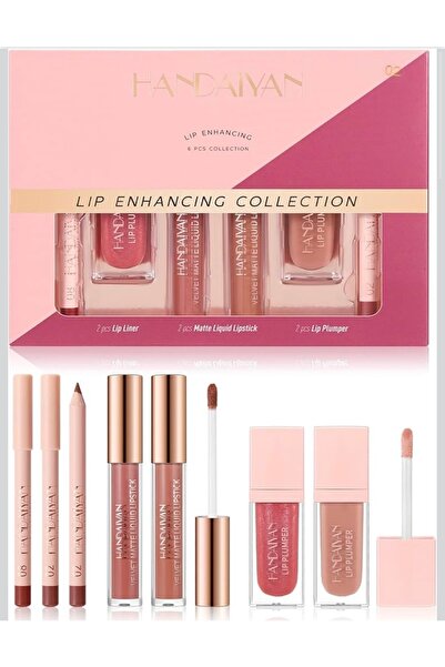 Handaiyan Set Rujuri, 6 Produse pentru Look Complet, diverse culori, 2 Rujuri mate, 2 Plumping Gloss, 2 Creioane definire