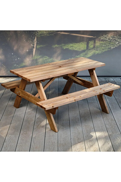 iAhşap 6 Kişilik Ticari Tip Fırınlanmış Emprenyeli Ahşap Piknik Masası - 150 cm