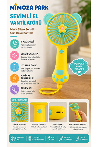 MİMOZA PARK Şarjlı İPLİ Mini Taşınabilir El Fanı - Sessiz USB Masaüstü Vantil...