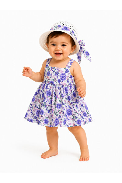 Chicsy Baby طقم فستان وقبعة للفتيات الصغيرات بنقشة الزهور، مصنوع من القطن بنس...