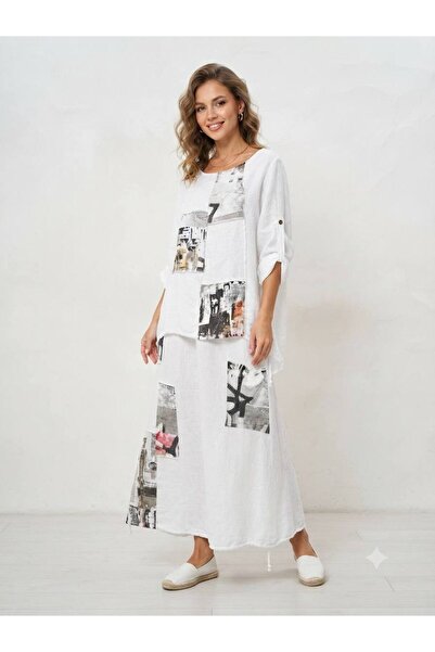 Cb Made In Italy Fortuna Moda %100 Keten Desenli Patchwork Detaylı İki Parça ...