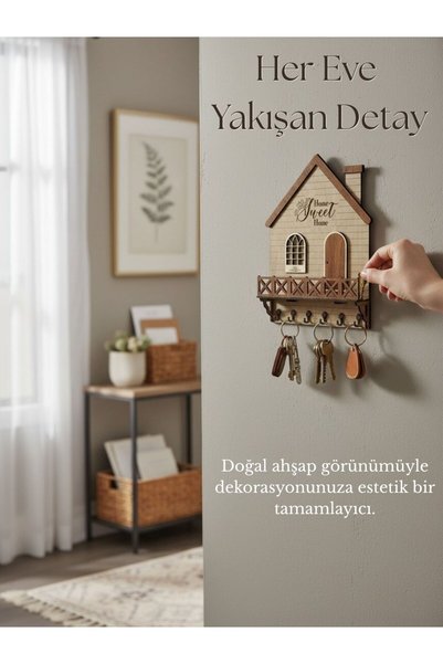 Grafiza Home Sweet Home Wooden Key Hanger with 6 Hangers Decorative Wall Key Holder