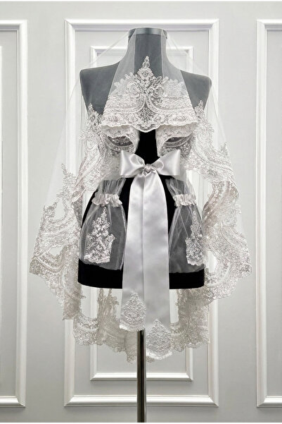 ZEYMERADE White Bridal Veil Set, Sultan Pattern Sparkling Laced