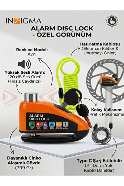 İNSİGMA 120 db SES , ŞARJLI KIRMIZI-SİYAH ALARM DİSK KİLİT
