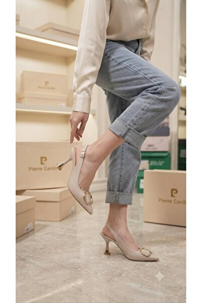 Pierre Cardin Open Back Comfortable Women's Cream Heeled Shoes
