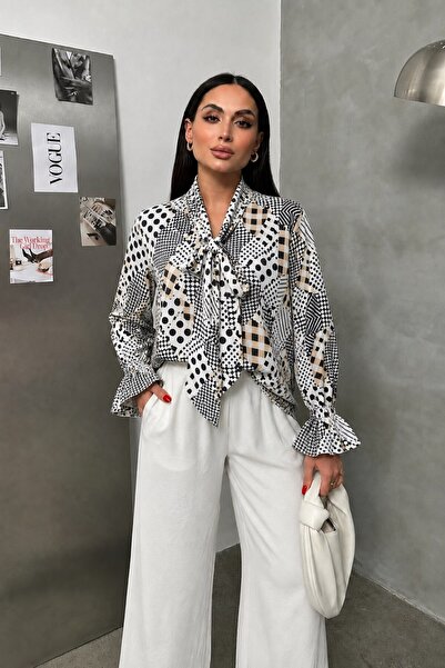 msm fashion Women's Blouse Patterned Long Sleeve Tie-Down Scarf Collar Comfor...
